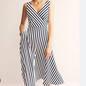 Boden striped textured knit jersey sleeveless faux wrap midi dress navy white 8